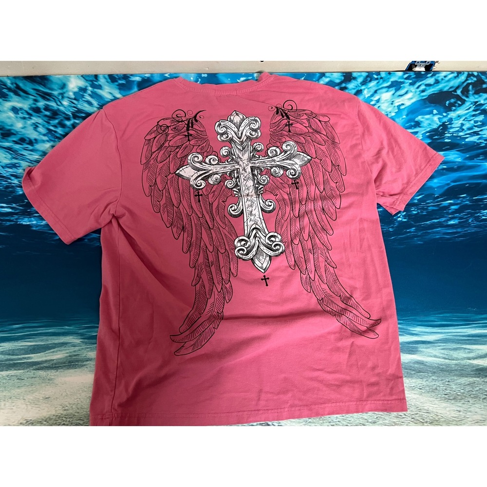 ROMWE Pink Gothic Cross Angel Wings Graphic Tee Shirt Y2K Streetwear Size Large